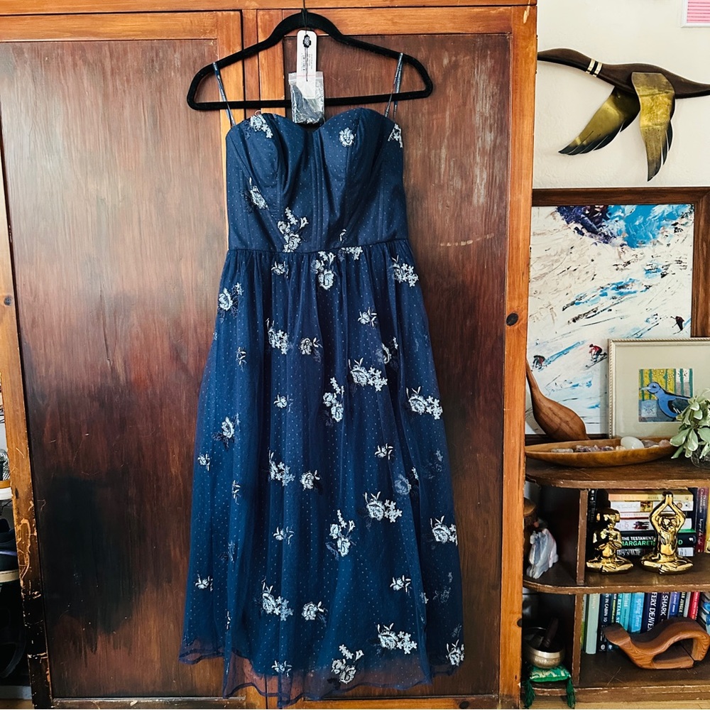 Chi Chi London Navy Blue Floral Strapless Midi Dress